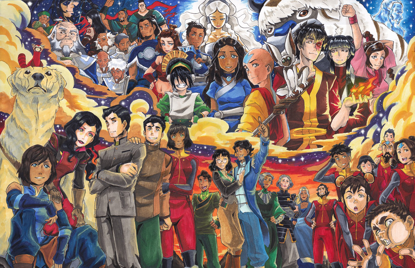 korra, asami sato, toph beifong, katara, aang, and 33 more (avatar legends and 2 more) drawn by mikkusushi