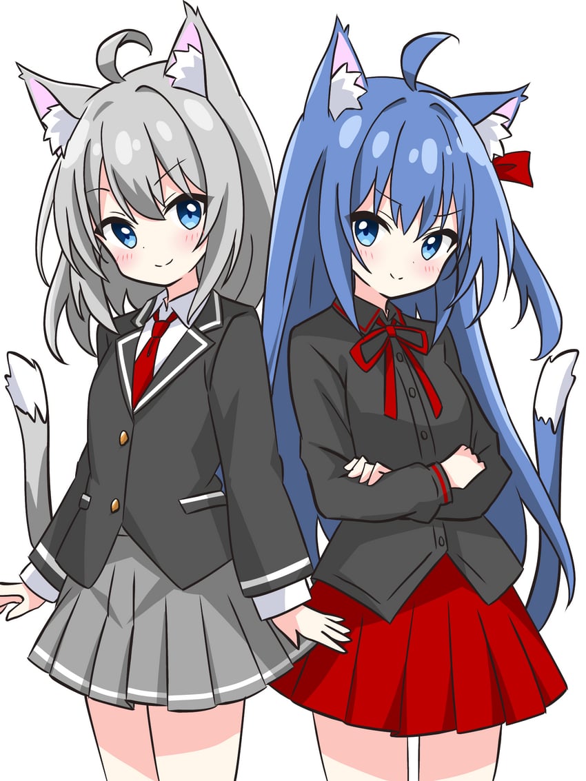 grey-haired cat girl and blue-haired cat girl (original) drawn by kotatsu-mazoku