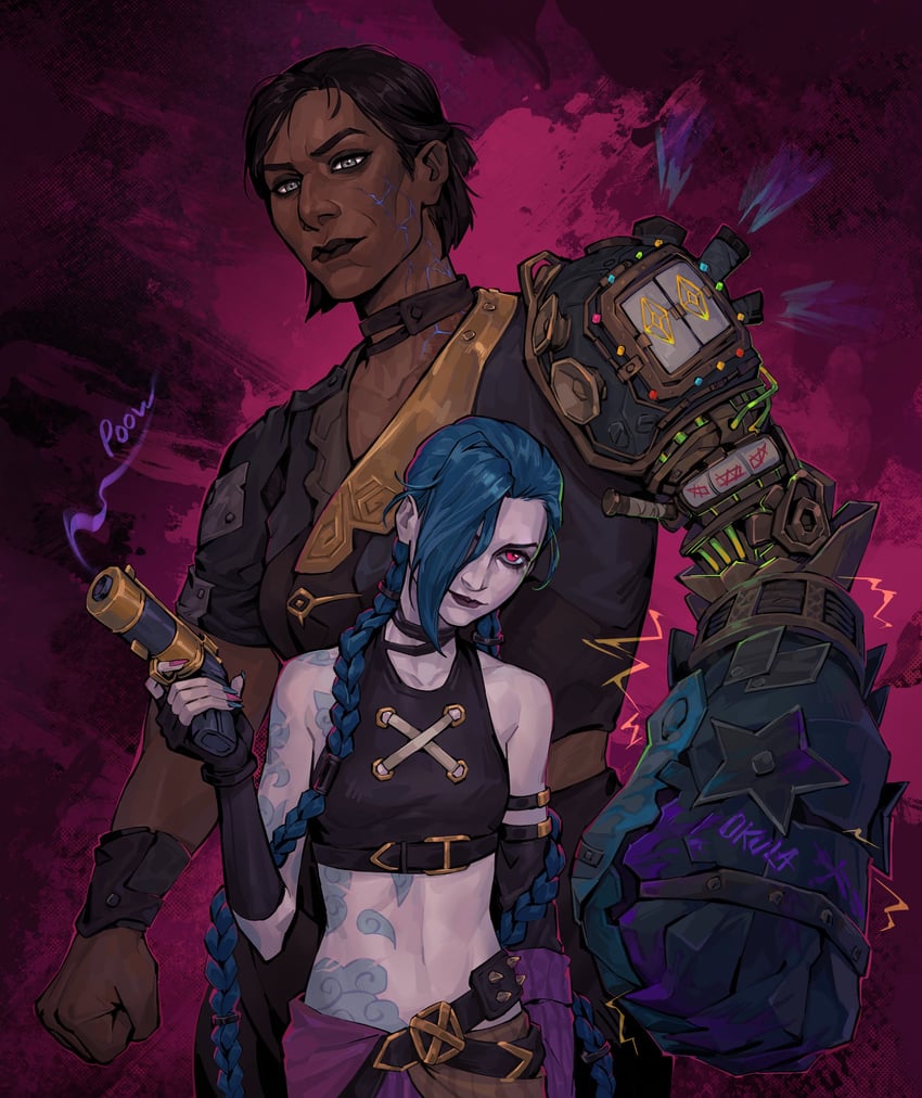 jinx, arcane jinx, and sevika (league of legends and 1 more) drawn by auntyokula