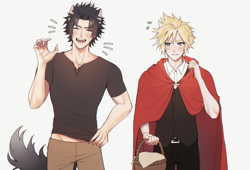 cloud strife, little red riding hood, and zack fair (final fantasy and 3 more) drawn by montaro