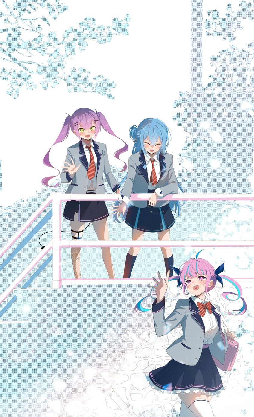 hoshimachi suisei, minato aqua, and tokoyami towa (hololive) drawn by lucferz