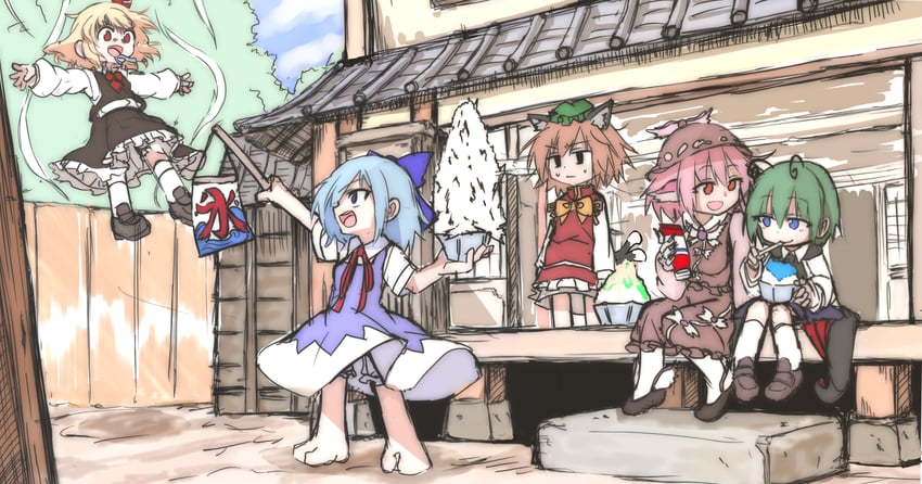 cirno, rumia, chen, mystia lorelei, and wriggle nightbug (touhou) drawn by shinmon_akika
