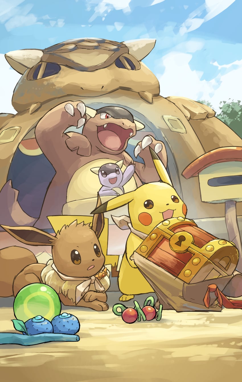 pikachu, eevee, and kangaskhan (pokemon and 1 more) drawn by yamaori_(hakkentai_pokedan)