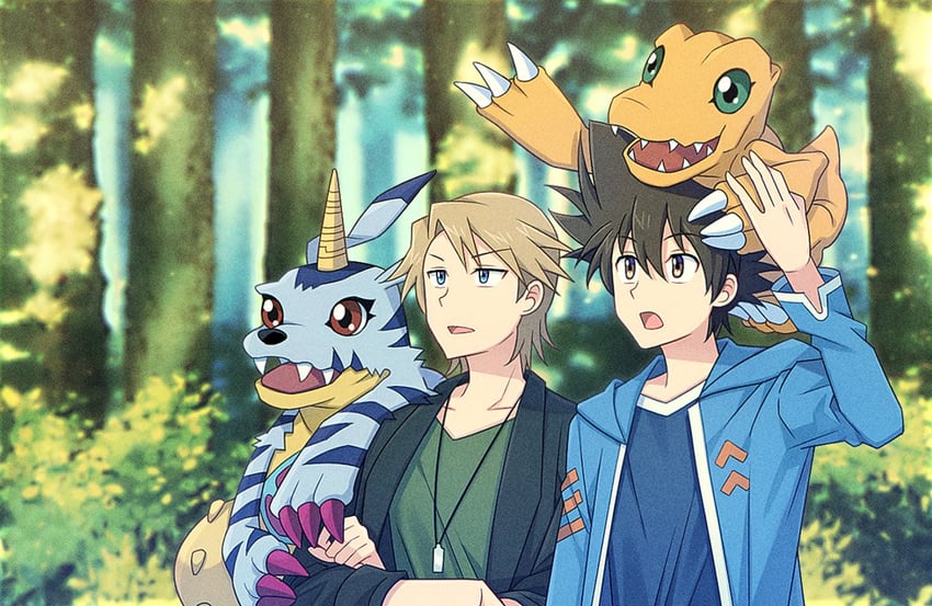 yagami taichi, agumon, ishida yamato, and gabumon (digimon and 1 more) drawn by momofukki