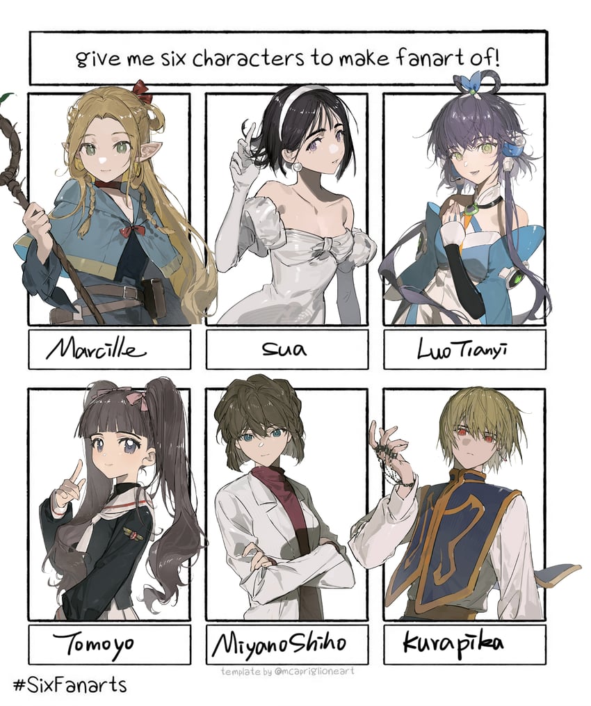 marcille donato, sua, daidouji tomoyo, kurapika, luo tianyi, and 1 more (vocaloid and 6 more) drawn by akihare