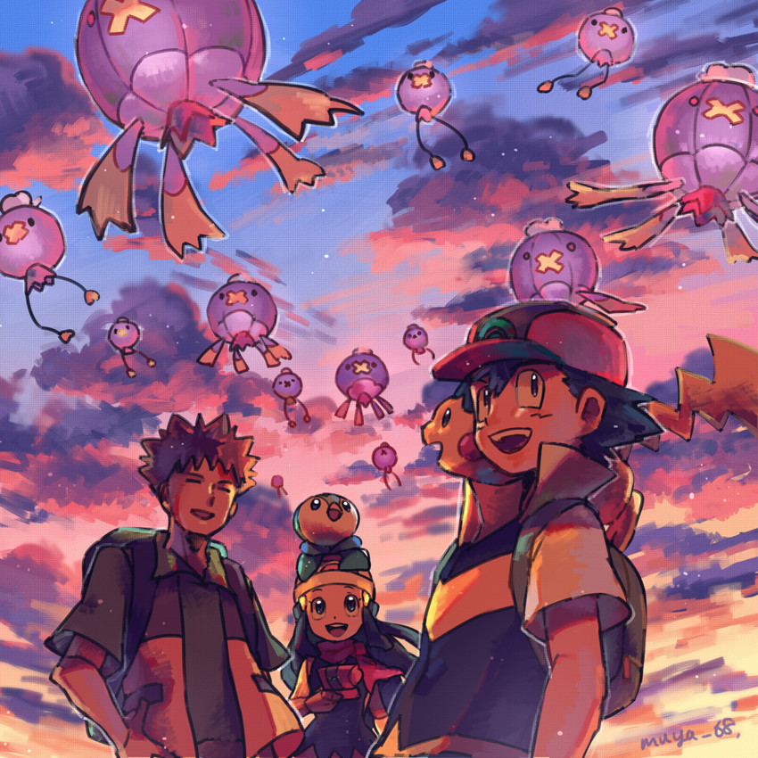 pikachu, dawn, ash ketchum, piplup, drifloon, and 2 more (pokemon and 1 more) drawn by skyloop19
