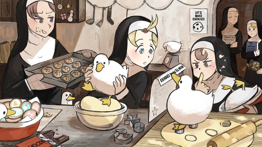 clumsy nun, froggy nun, spicy nun, hungry nun, and star nun (little nuns) drawn by diva_(hyxpk)