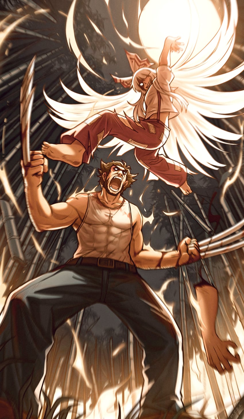 fujiwara no mokou and wolverine (touhou and 2 more) drawn by royl