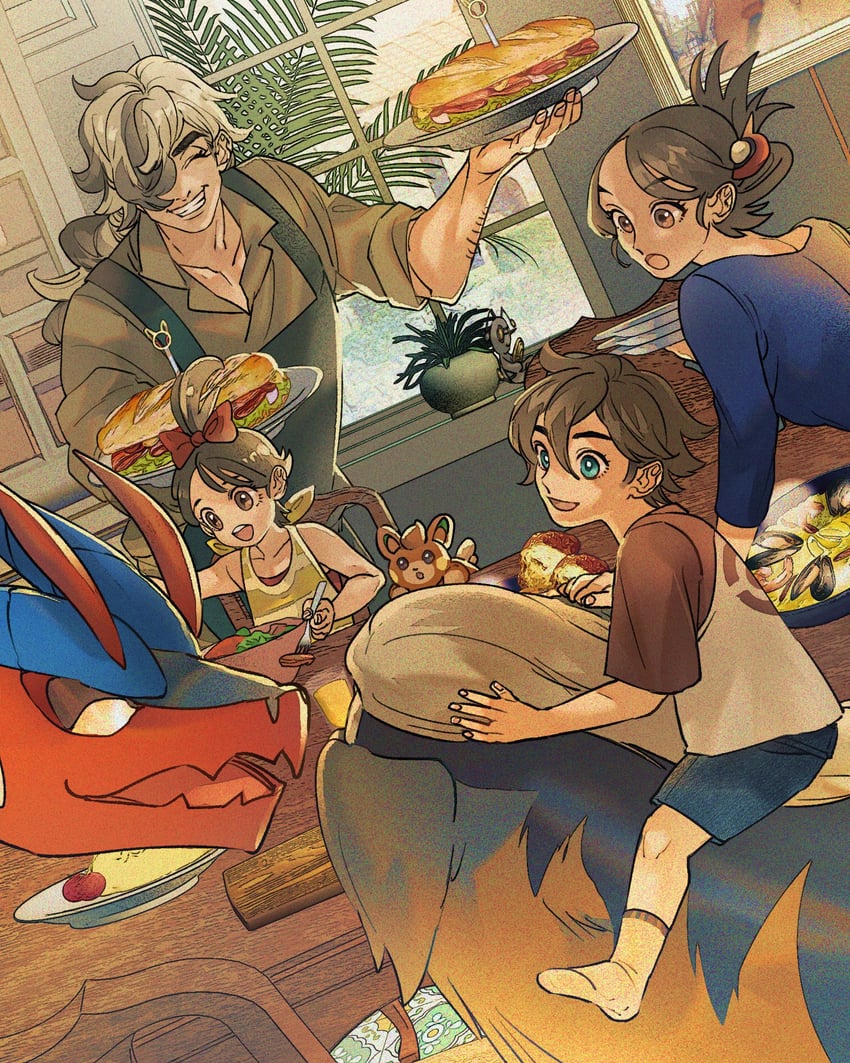 juliana, arven, koraidon, pawmi, mabosstiff, and 1 more (pokemon and 1 more) drawn by stb81370884