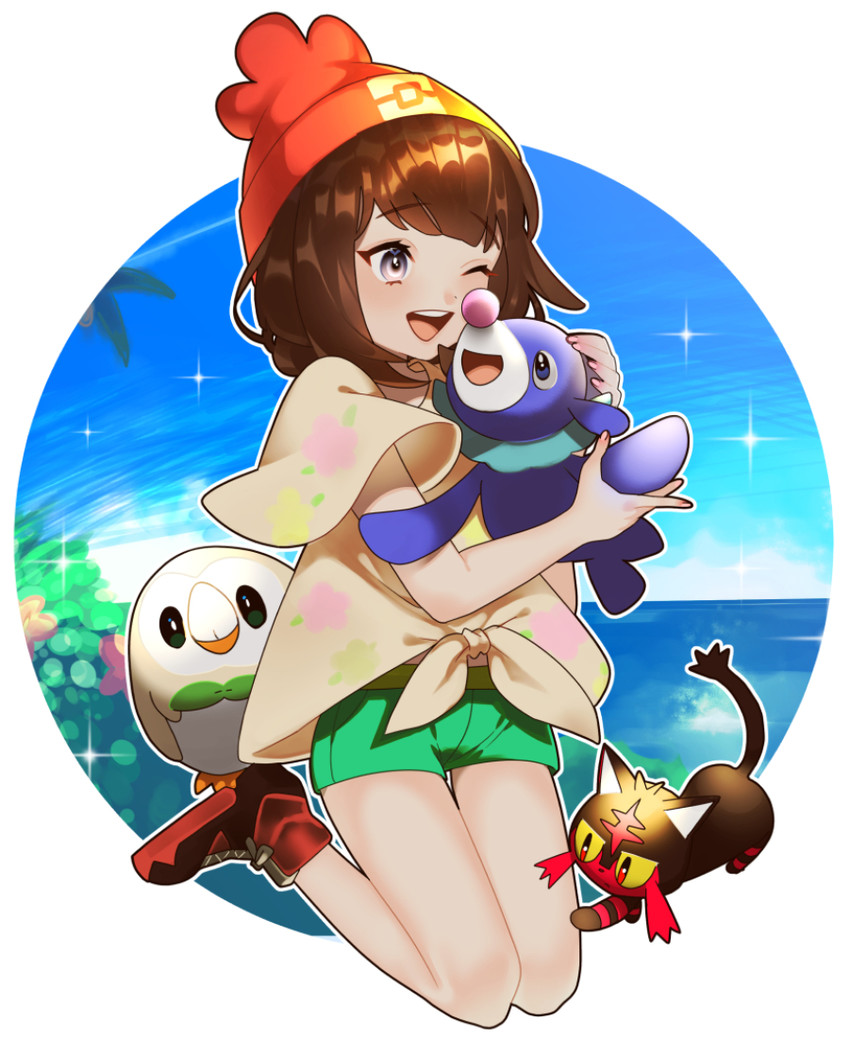 selene, rowlet, popplio, and litten (pokemon and 1 more) drawn by ikko-kun