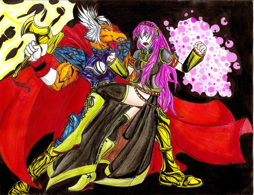 megurine luka, thor, and beta ray bill (vocaloid and 1 more) drawn by kelloth