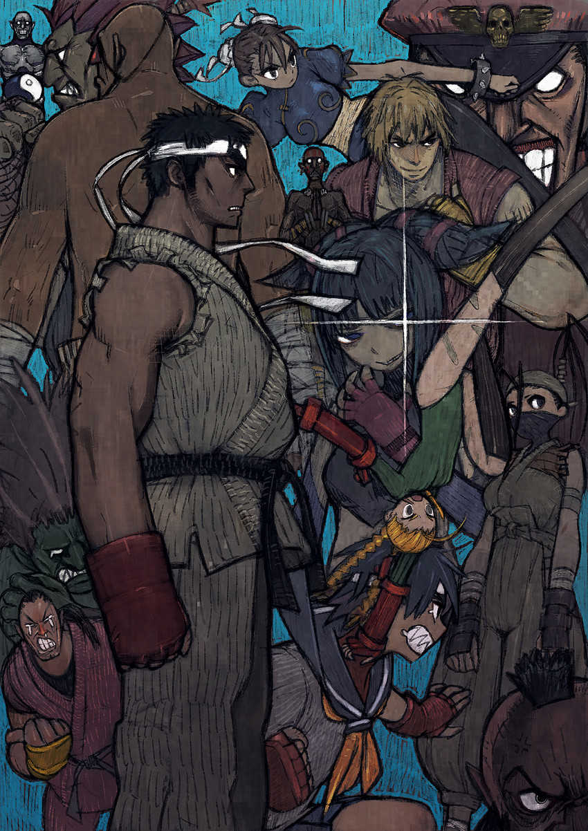 chun-li, cammy white, han juri, ryu, kasugano sakura, and 9 more (street fighter) drawn by umezawa_michiko