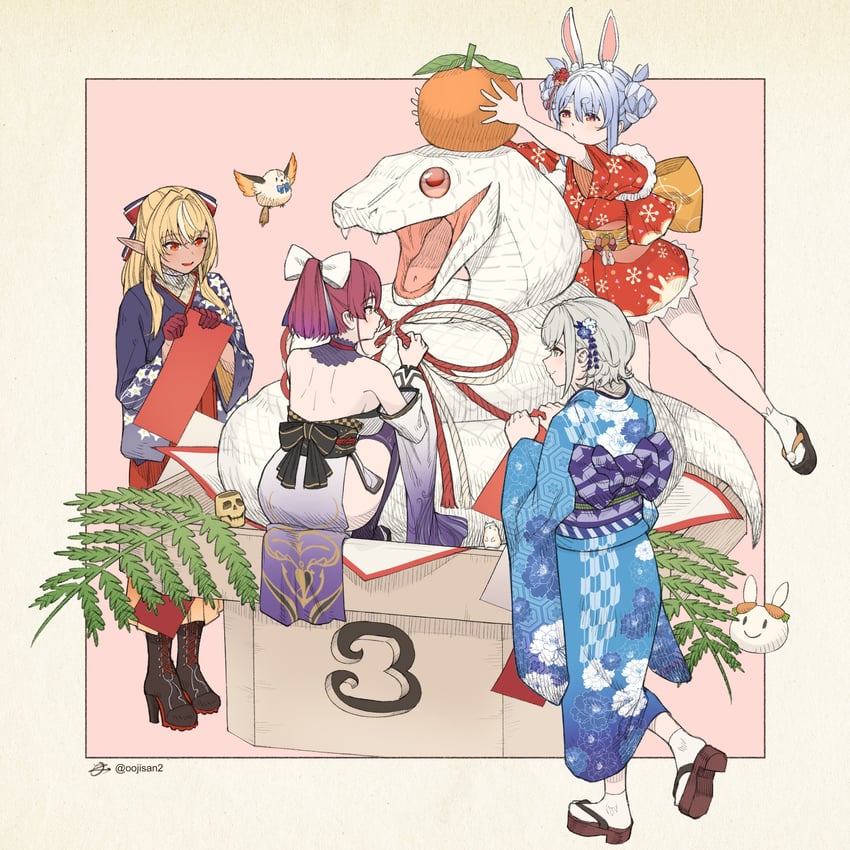 houshou marine, usada pekora, shirogane noel, shiranui flare, pekomon, and 3 more (hololive) drawn by moto_oji-san
