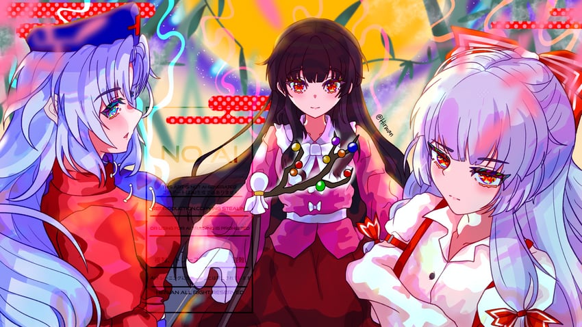 fujiwara no mokou, houraisan kaguya, and yagokoro eirin (touhou and 1 more) drawn by hirwannew