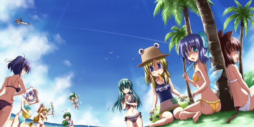 kochiya sanae, cirno, shameimaru aya, moriya suwako, chen, and 5 more (touhou) drawn by toshihiro
