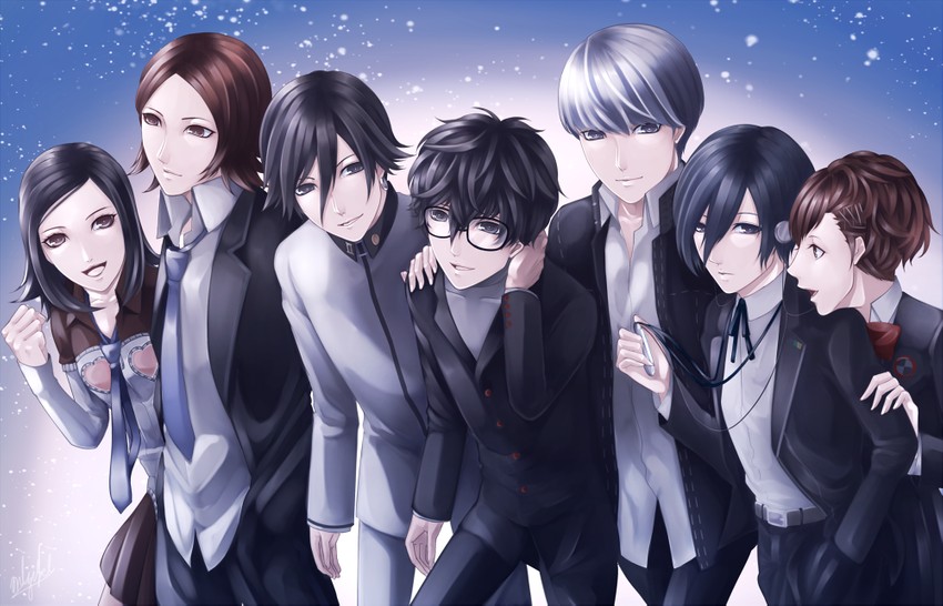 narukami yu, yuuki makoto, amamiya ren, shiomi kotone, suou tatsuya, and 2 more (persona and 8 more) drawn by pean_(mizuki613)