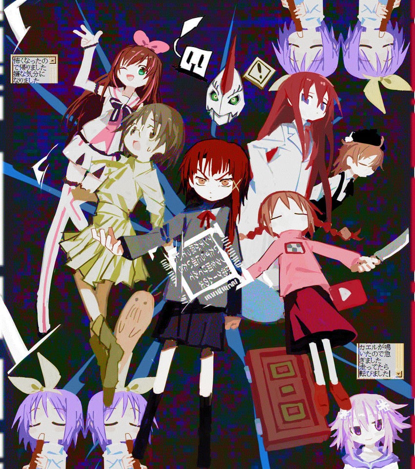 makise kurisu, hiiragi tsukasa, madotsuki, neptune, hatoba tsugu, and 4 more (digimon and 8 more) drawn by kokaki_mumose