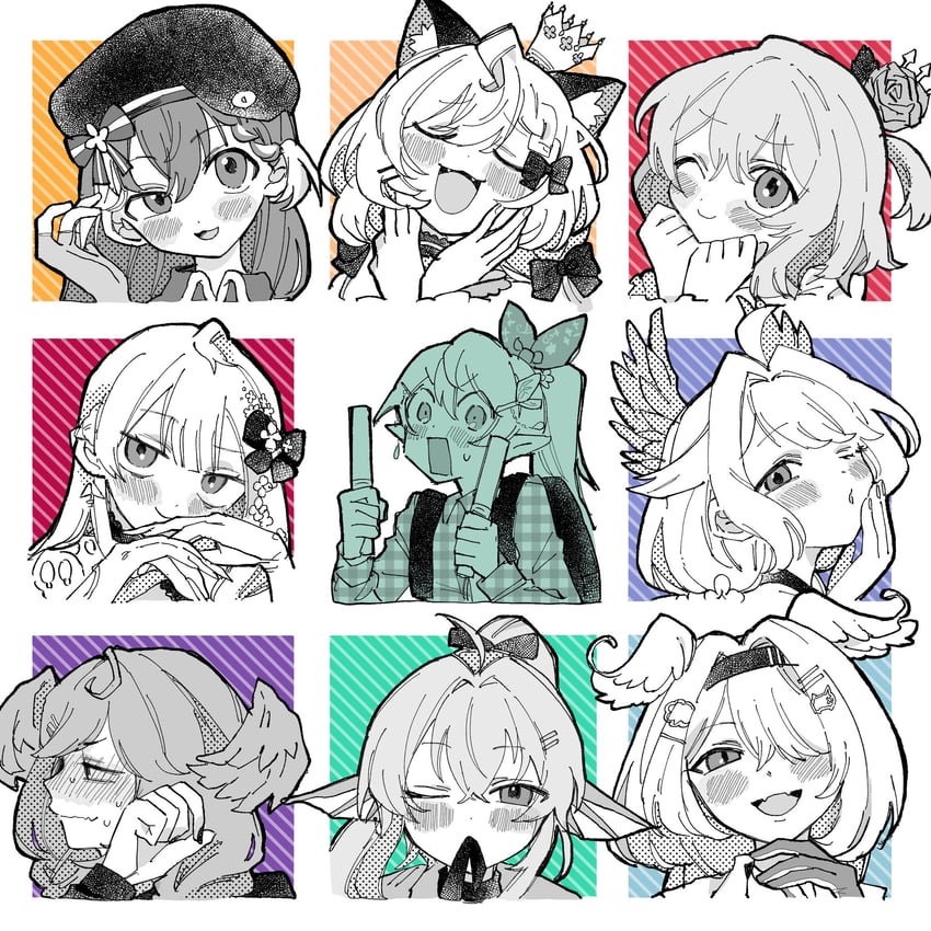 elira pendora, selen tatsuki, pomu rainpuff, enna alouette, finana ryugu, and 4 more (nijisanji and 1 more) drawn by mmm_toi0