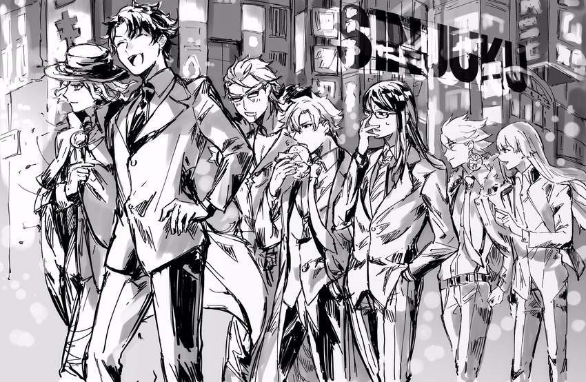 fujimaru ritsuka, waver velvet, emiya kiritsugu, enkidu, karna, and 3 more (fate and 1 more) drawn by nekoyashiki_pushio