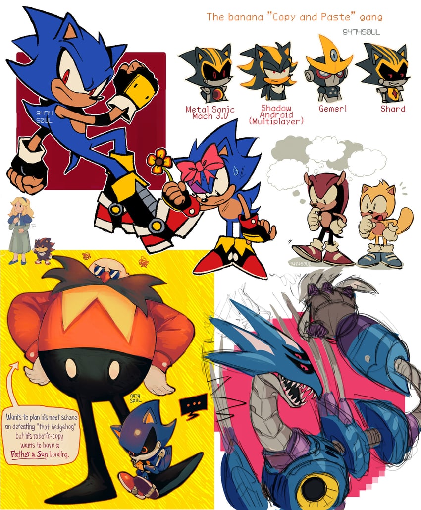 shadow the hedgehog, dr. eggman, maria robotnik, metal sonic, mighty the armadillo, and 7 more (sonic and 4 more) drawn by 9474s0ul