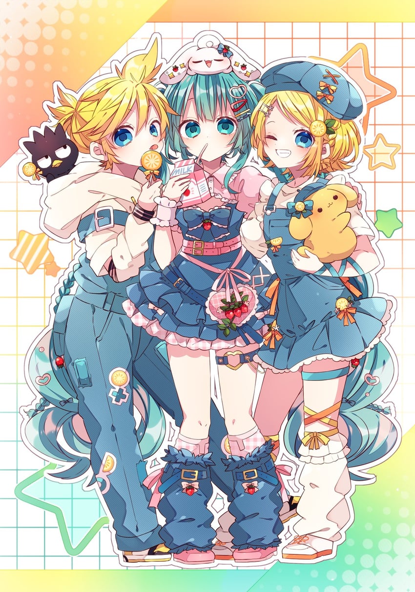 hatsune miku, kagamine rin, kagamine len, cinnamoroll, pompompurin, and 1 more (vocaloid and 1 more) drawn by kaho_0102