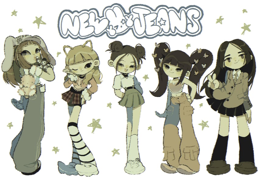 haerin, hanni, minji, hyein, and danielle (real life and 1 more) drawn by tomi_(t4p10c4_)
