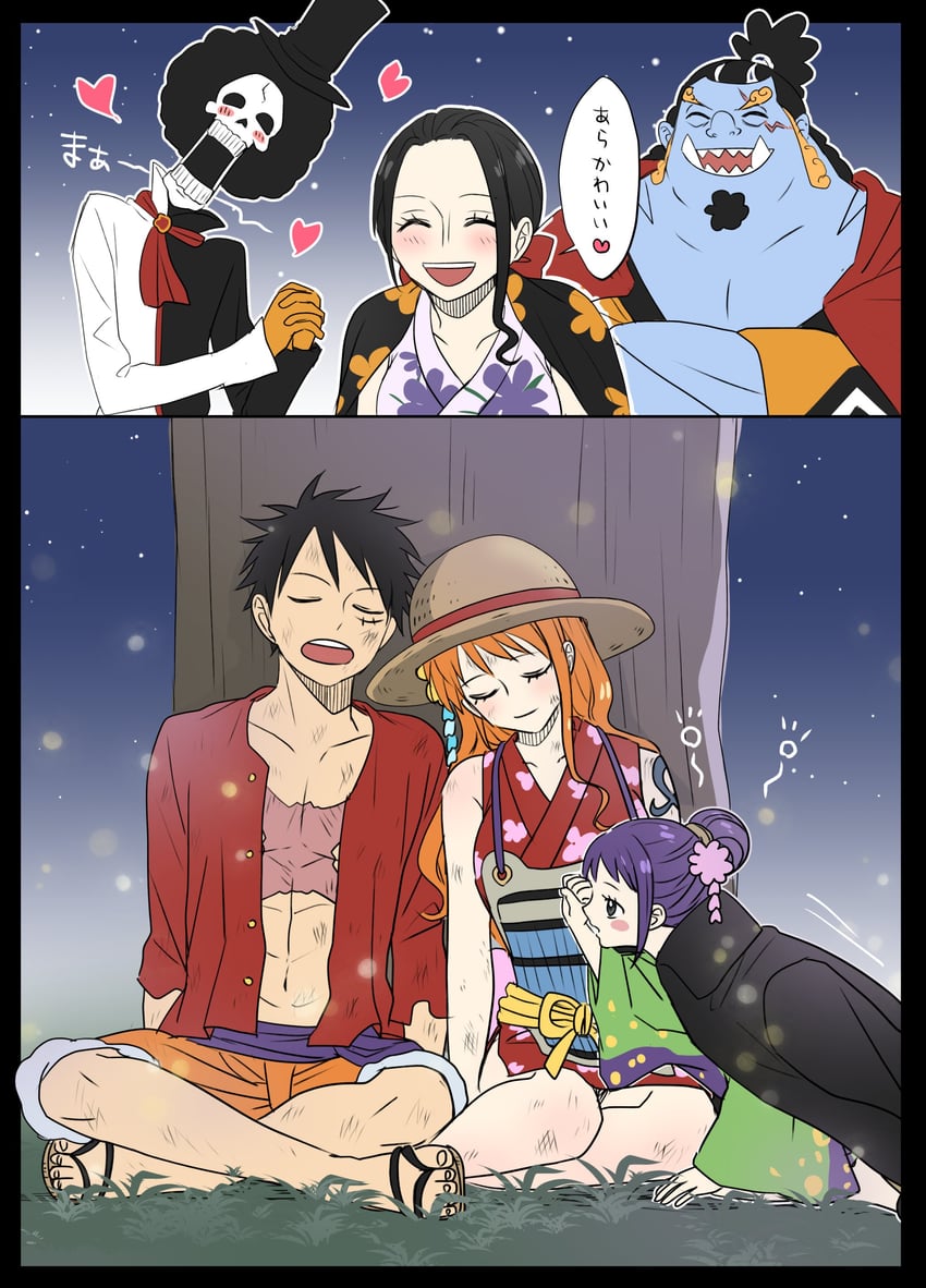 nami, monkey d. luffy, nico robin, brook, jinbe, and 1 more (one piece) drawn by oshicpume