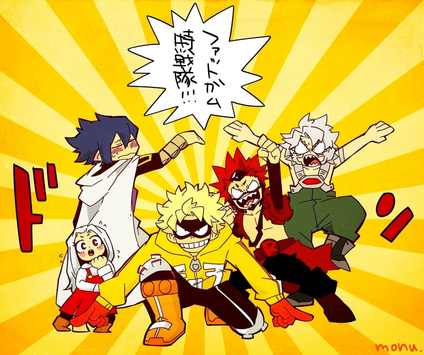 kirishima eijiro, eri, amajiki tamaki, fat gum, and tetsutetsu tetsutetsu (boku no hero academia and 2 more) drawn by monu