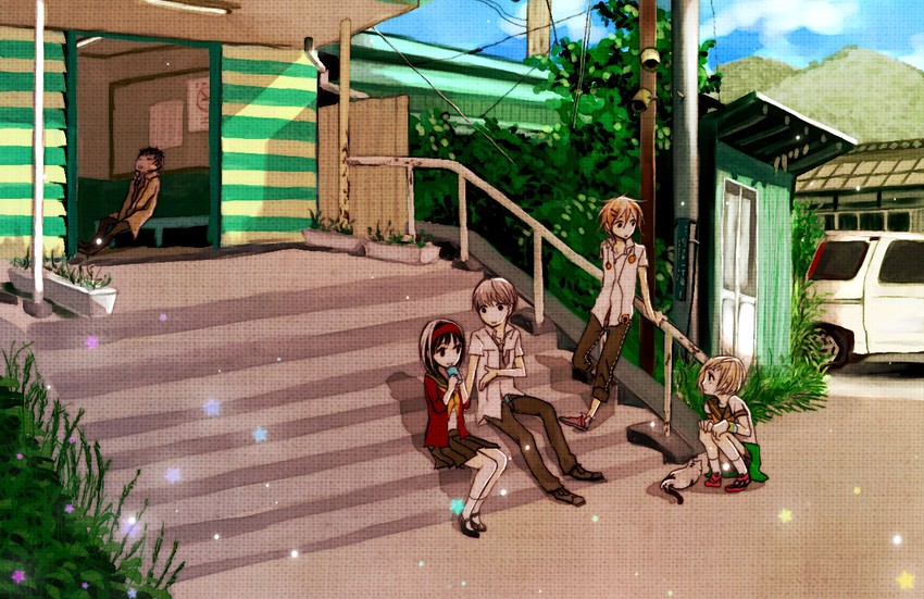 narukami yu, satonaka chie, amagi yukiko, hanamura yousuke, and adachi tooru (persona and 1 more) drawn by natsuko_furuya