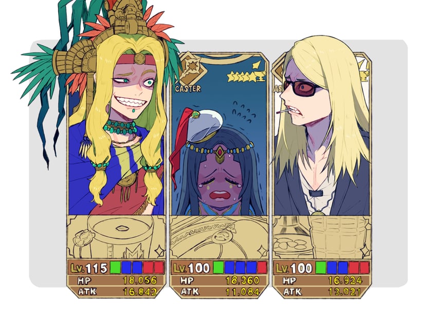 tezcatlipoca, scheherazade, and quetzalcoatl (fate and 1 more) drawn by ochi_gero