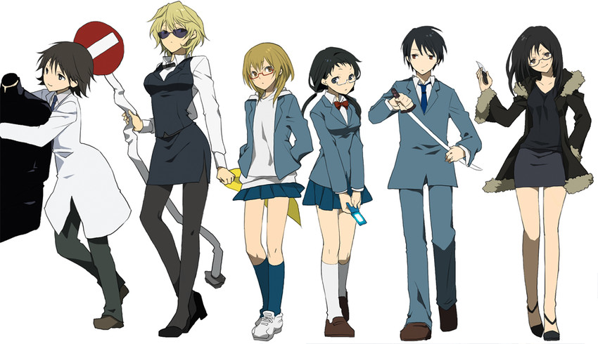 orihara izaya, sonohara anri, heiwajima shizuo, celty sturluson, ryuugamine mikado, and 2 more (durarara!!) drawn by keiko_(x_h2o)