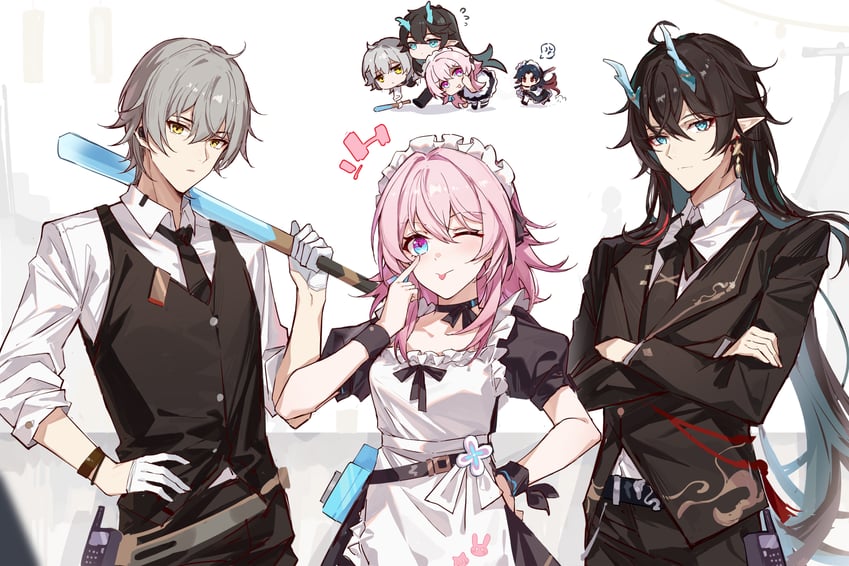 trailblazer, march 7th, caelus, dan heng, and blade (honkai and 1 more) drawn by yajuu