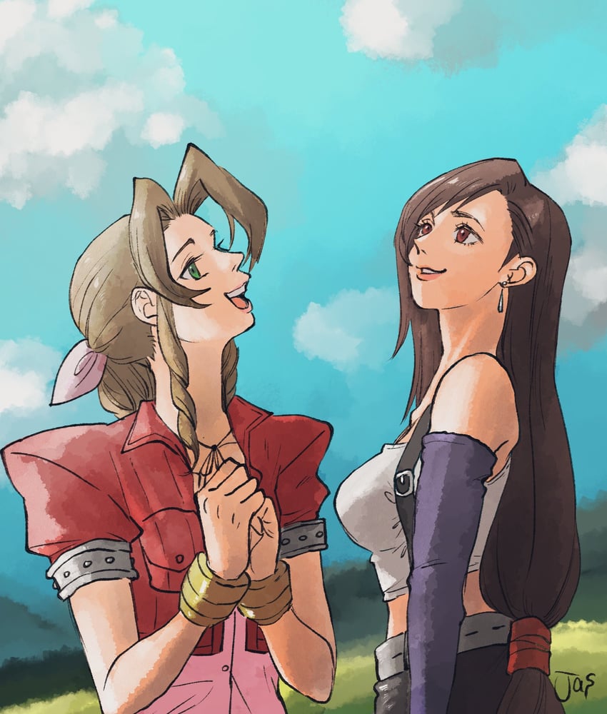 tifa lockhart and aerith gainsborough (final fantasy and 1 more) drawn by jas_(jasjasjasart)