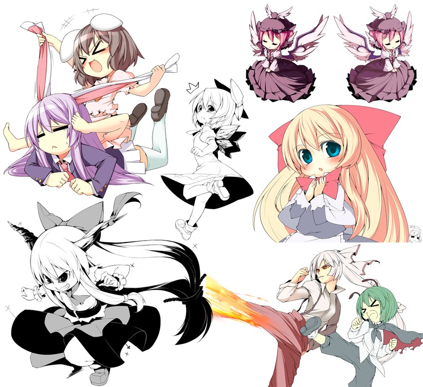 cirno, alice margatroid, reisen udongein inaba, fujiwara no mokou, mystia lorelei, and 4 more (touhou) drawn by kokka_han