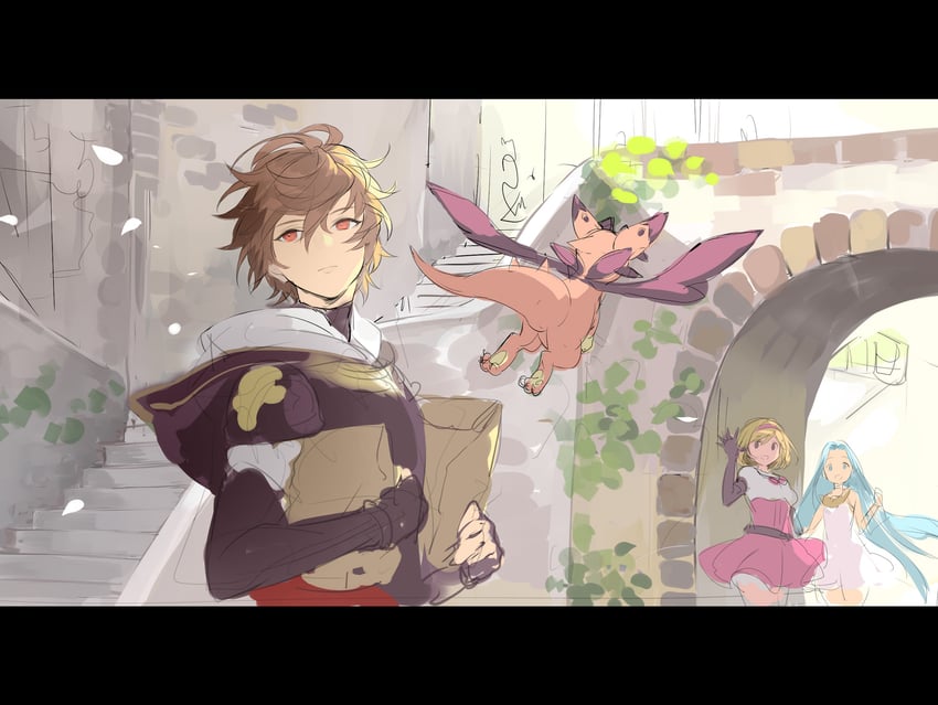 djeeta, sandalphon, lyria, and vyrn (granblue fantasy) drawn by osamu_(jagabata)