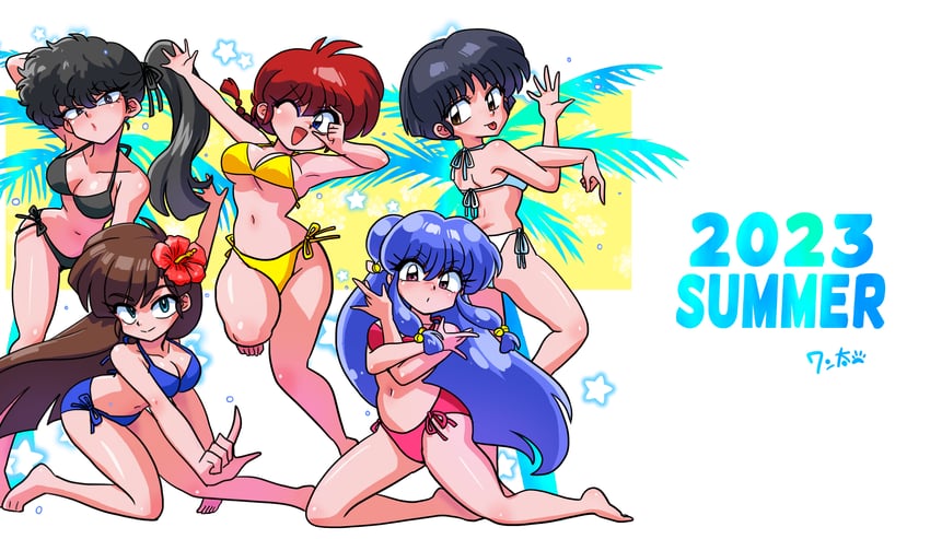 ranma-chan, shampoo, tendou akane, saotome ranma, kuonji ukyou, and 1 more (ranma 1/2) drawn by wanta_(futoshi)