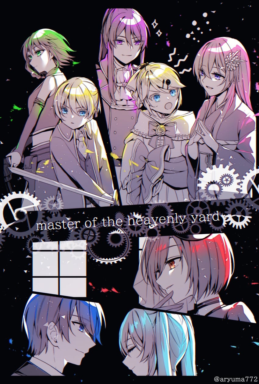 hatsune miku, kagamine rin, kagamine len, megurine luka, kaito, and 12 more (vocaloid and 2 more) drawn by aryuma772