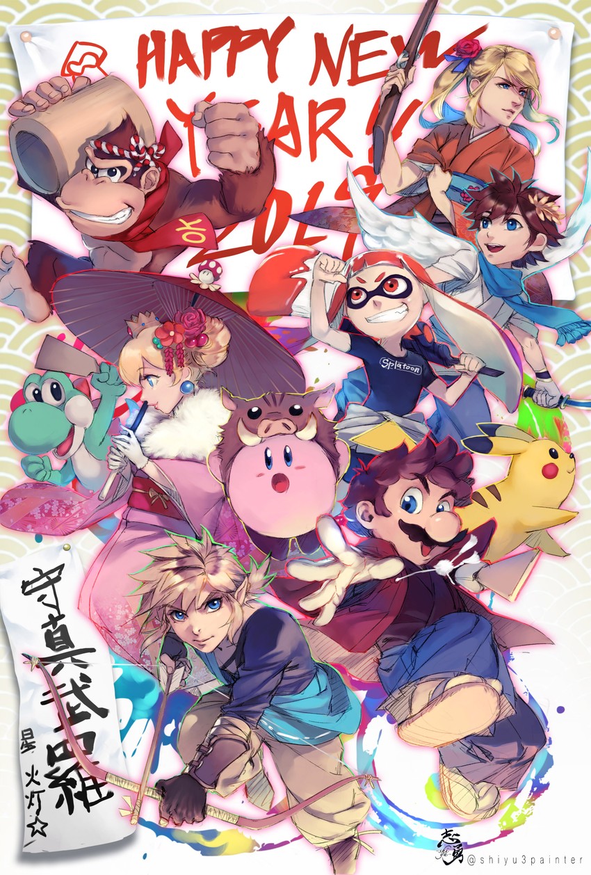 link, inkling player character, pikachu, inkling girl, kirby, and 6 more (pokemon and 11 more) drawn by shiyuu_(shiyu)