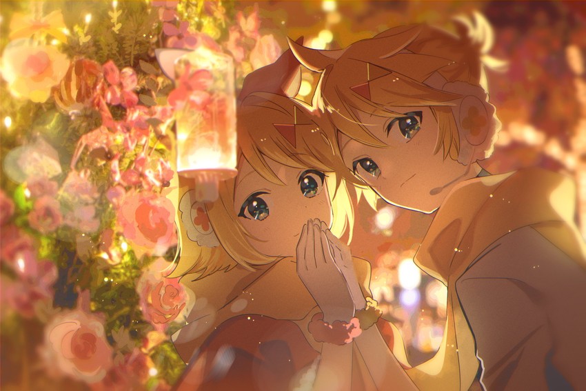 kagamine rin, kagamine len, magical mirai len, and magical mirai rin (vocaloid and 1 more) drawn by omutatsu