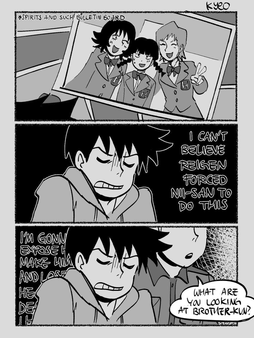 kageyama shigeo, kageyama ritsu, hanazawa teruki, mari, and chihiro (mob psycho 100) drawn by kyokyeo