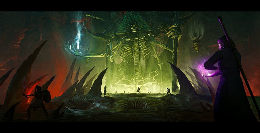 shadowheart, lae'zel, gale, and myrkul (dungeons & dragons and 2 more) drawn by lionel_schramm