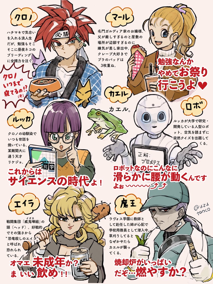 lucca ashtear, crono, marle, ayla, robo, and 2 more (chrono trigger) drawn by uzutanco