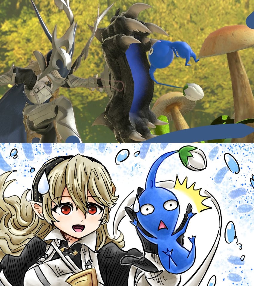 female corrin and blue pikmin (fire emblem and 3 more) drawn by kicdon