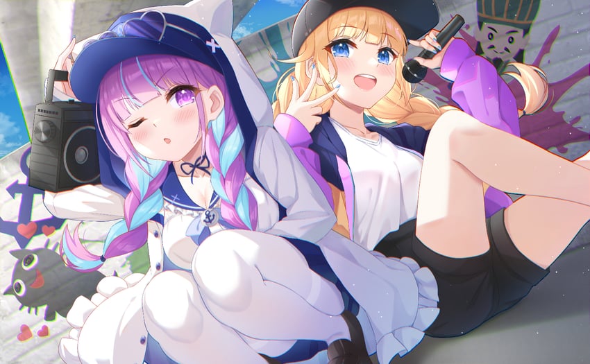 minato aqua, neko, tsukimi eiko, and zhuge kongming (hololive and 1 more) drawn by keikei_(kitty_colors)