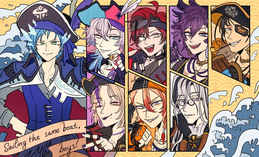 gavis bettel, machina x flayon, regis altare, axel syrios, banzoin hakka, and 3 more (holostars and 1 more) drawn by ministarfruit