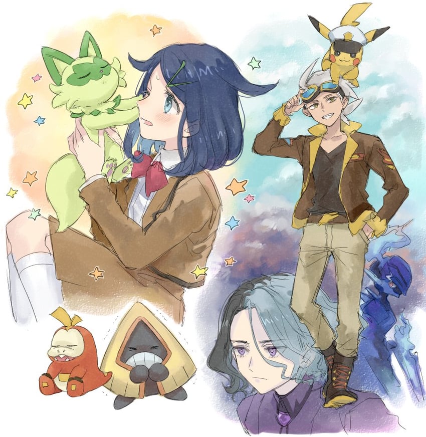 pikachu, sprigatito, liko, fuecoco, ceruledge, and 3 more (pokemon and 1 more) drawn by hani_(udauda)