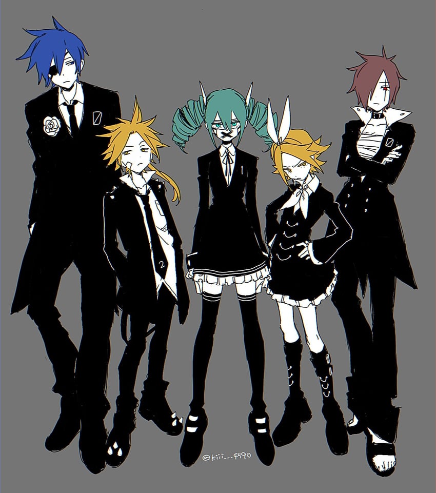hatsune miku, kagamine rin, kagamine len, kaito, and meiko (vocaloid and 1 more) drawn by kiii_4590