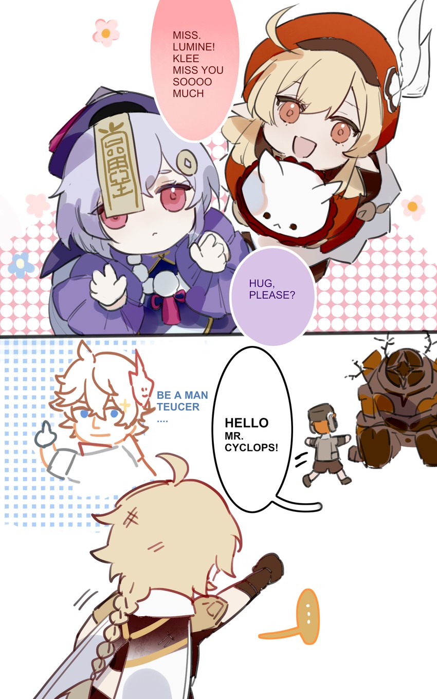 aether, tartaglia, klee, qiqi, jumpy dumpty, and 2 more (genshin impact) drawn by esz_(bzsaro01)