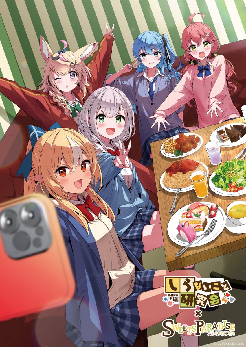 hoshimachi suisei, sakura miko, shirogane noel, shiranui flare, and omaru polka (hololive and 2 more) drawn by tsumumi_(kandume103)
