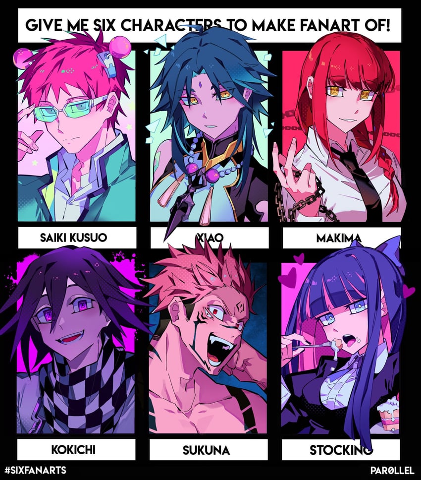 oma kokichi, makima, xiao, stocking, ryoumen sukuna, and 1 more (genshin impact and 6 more) drawn by par0llel